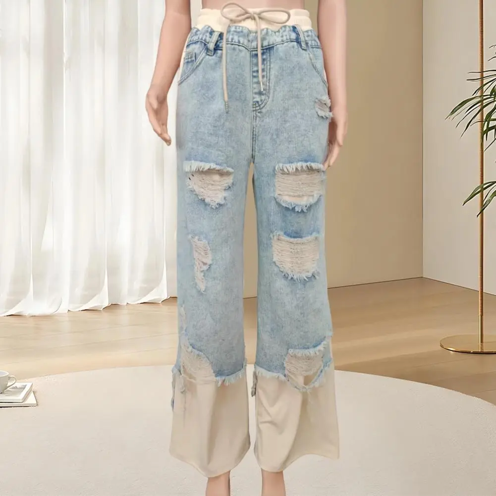 2025 Designer Women's Jeans Pant Blue Denim With Patchwork Knee Panels Hip Hop Style Distressed High Waist Streetwear Trousers