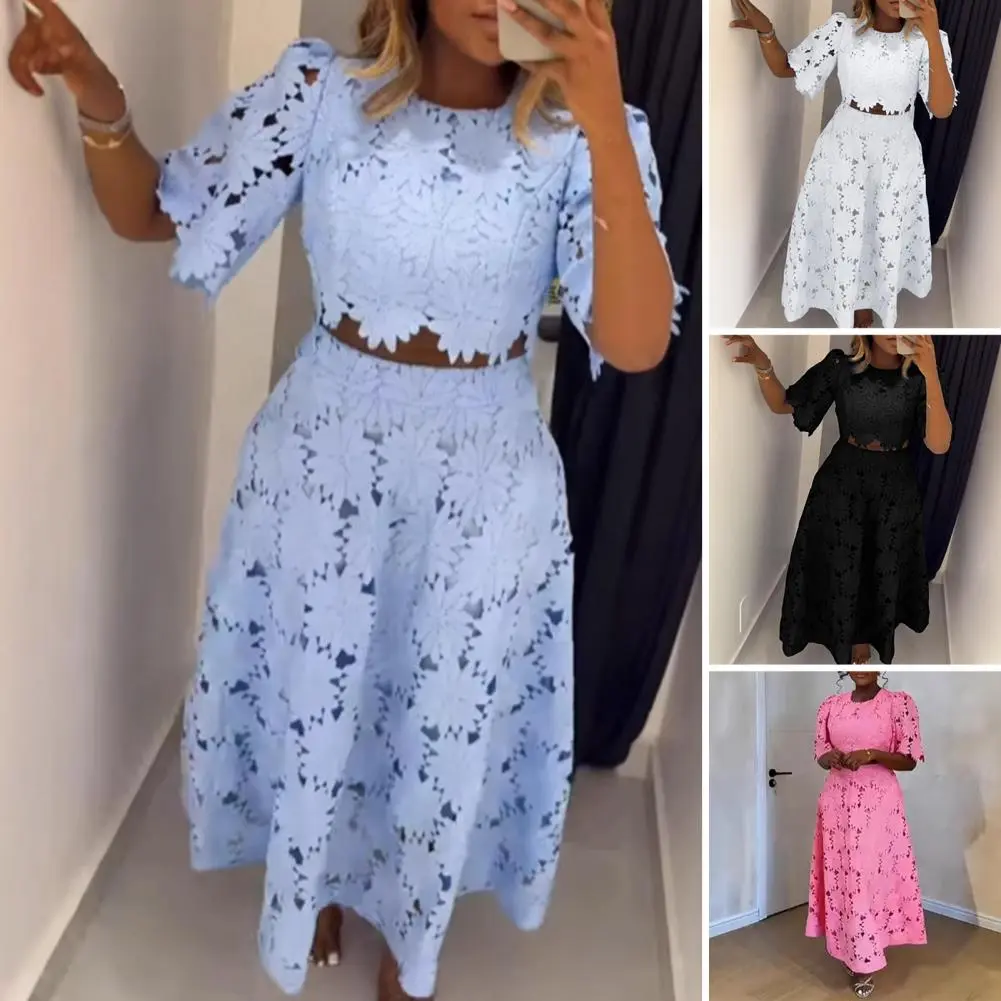 Elegant Hollow Out Women's Long Dresses Short Sleeves Embroidery Dress 2025 Spring Summer Female Solid Robe