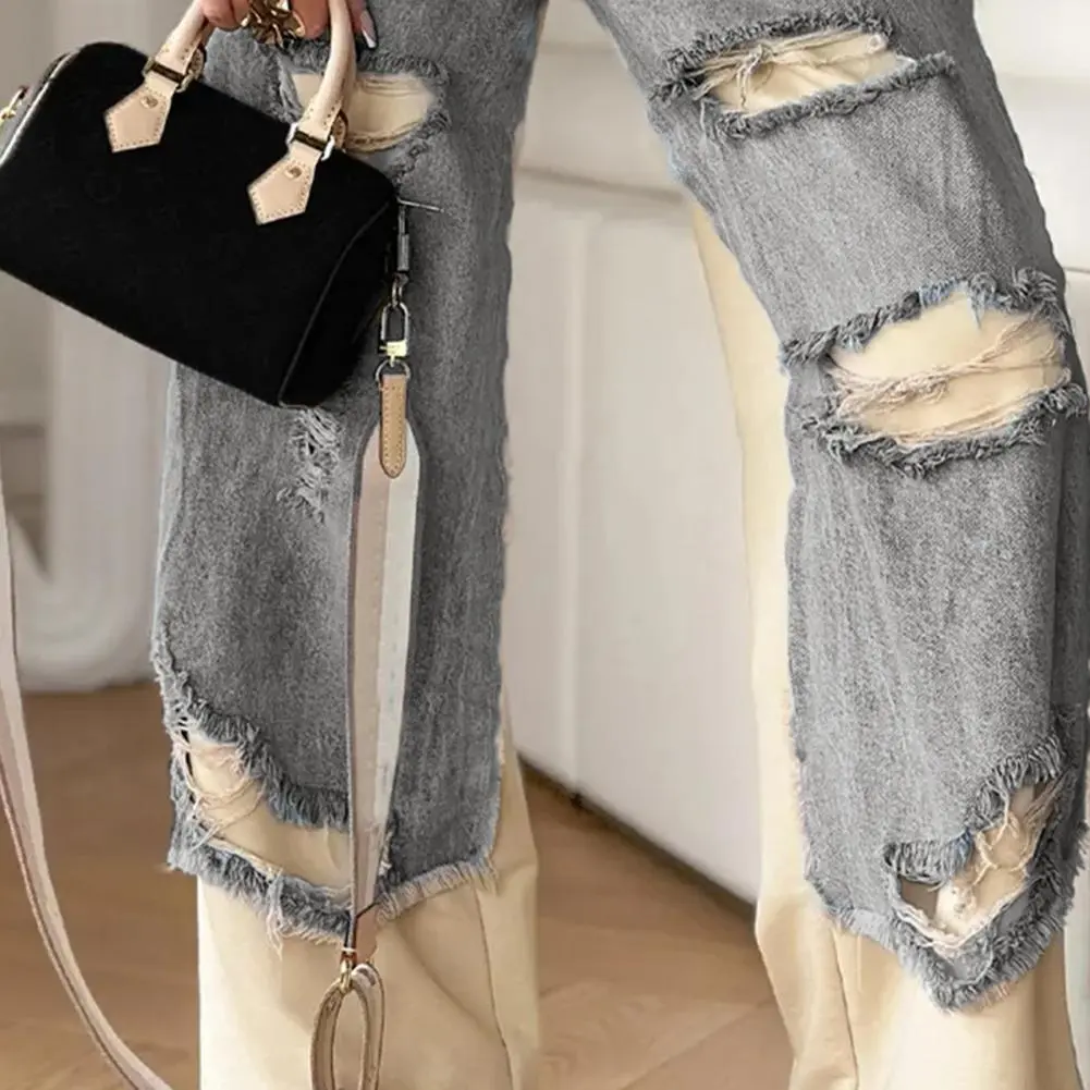2025 Designer Women's Jeans Pant Blue Denim With Patchwork Knee Panels Hip Hop Style Distressed High Waist Streetwear Trousers