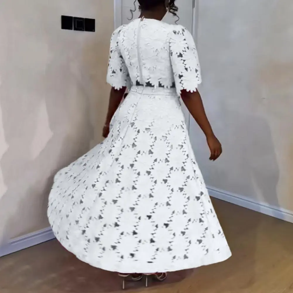 Elegant Hollow Out Women's Long Dresses Short Sleeves Embroidery Dress 2025 Spring Summer Female Solid Robe