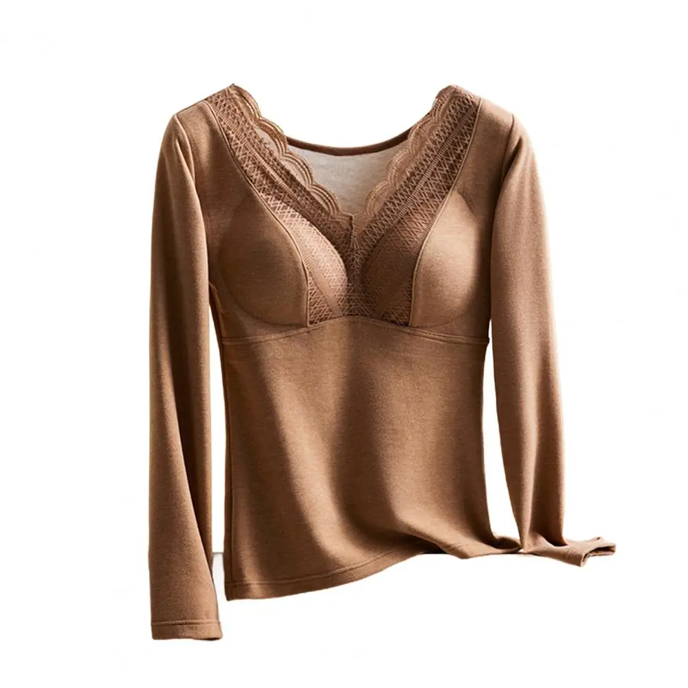 Two-in-one Chest Pad Tops Cozy Velvet-lined Women's Thermal Tops with Seamless Elastic Bottom V-neck Long Sleeve for Warmth