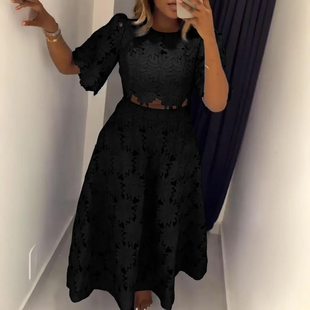 Elegant Hollow Out Women's Long Dresses Short Sleeves Embroidery Dress 2025 Spring Summer Female Solid Robe