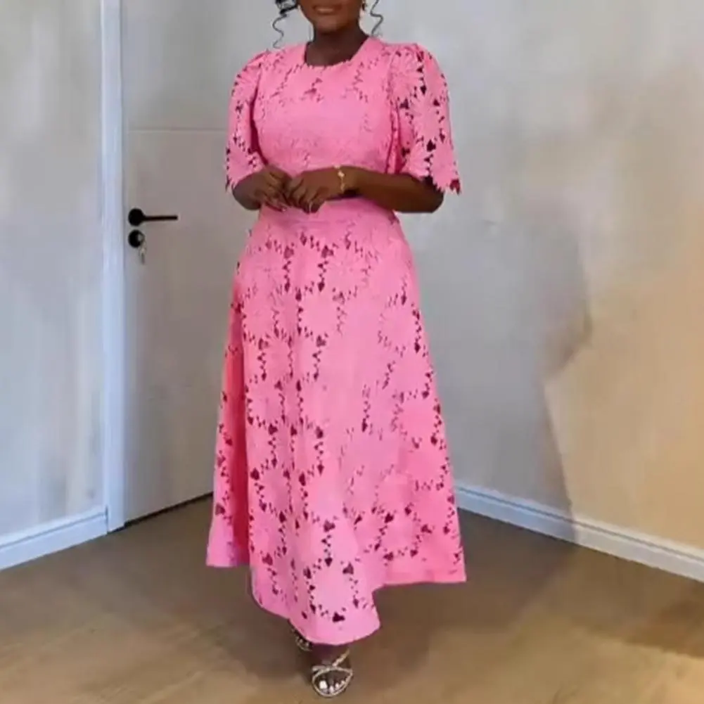 Elegant Hollow Out Women's Long Dresses Short Sleeves Embroidery Dress 2025 Spring Summer Female Solid Robe