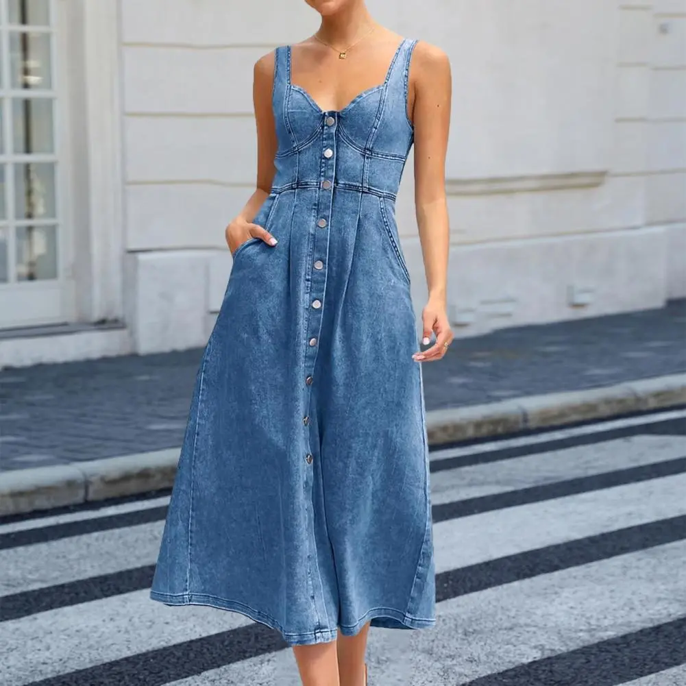 Button Strapless Denim Dress with Pockets Summer Dresses For Women Sleevless Slim Sexy Beach Female Fashion Vestidos Femme 2025