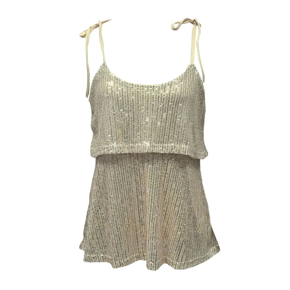 Women Sparkling Sequin Top Shiny Sequins Double Layer Sling Vest for Women Glitter Details Regular Fit Summer Top Sexy Wear