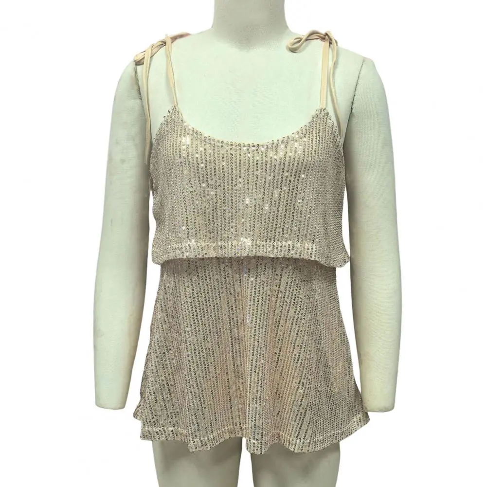 Women Sparkling Sequin Top Shiny Sequins Double Layer Sling Vest for Women Glitter Details Regular Fit Summer Top Sexy Wear