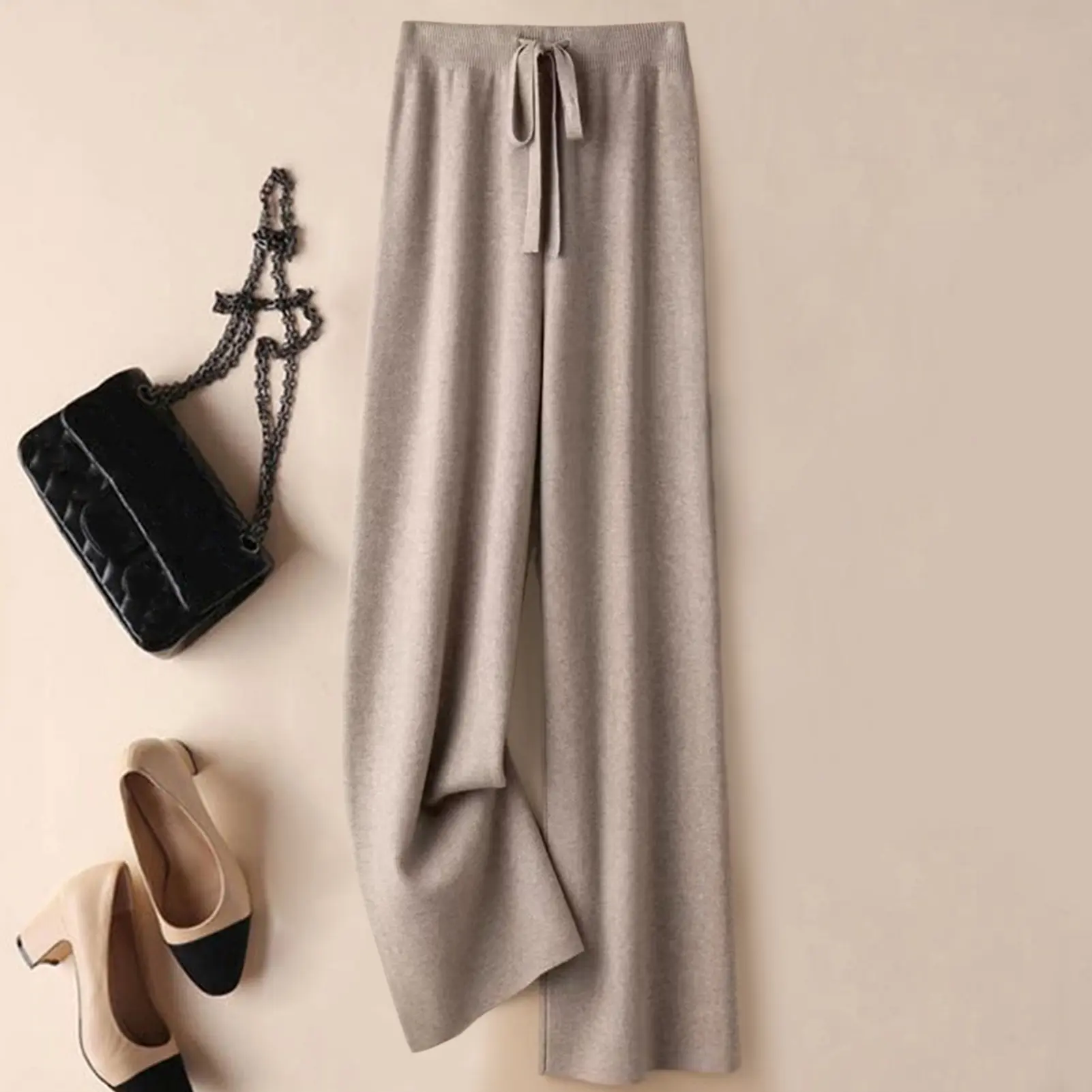 2025 Drape High Waist Wide Leg Pants For Women Autumn Winter Casual Loose Knit Straight Leg Pants Lace-up Women Solid Trousers