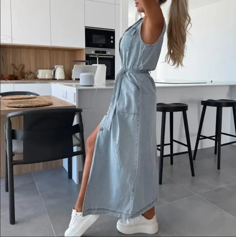 Denim Women's Long Summer Dress Vintage A-line Casual Light Midi Dress Short Sleeve Elegant Blue Green Dress for Women 2025