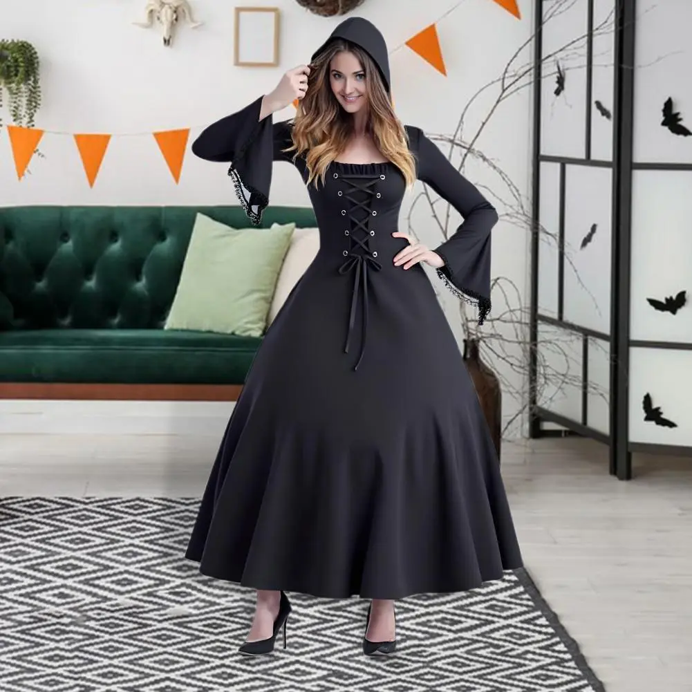 Medieval Cosplay Renaissance Witch Costumes Hooded Robe Lace Up Pullover Long Hoodie Dress Cloak Halloween Party