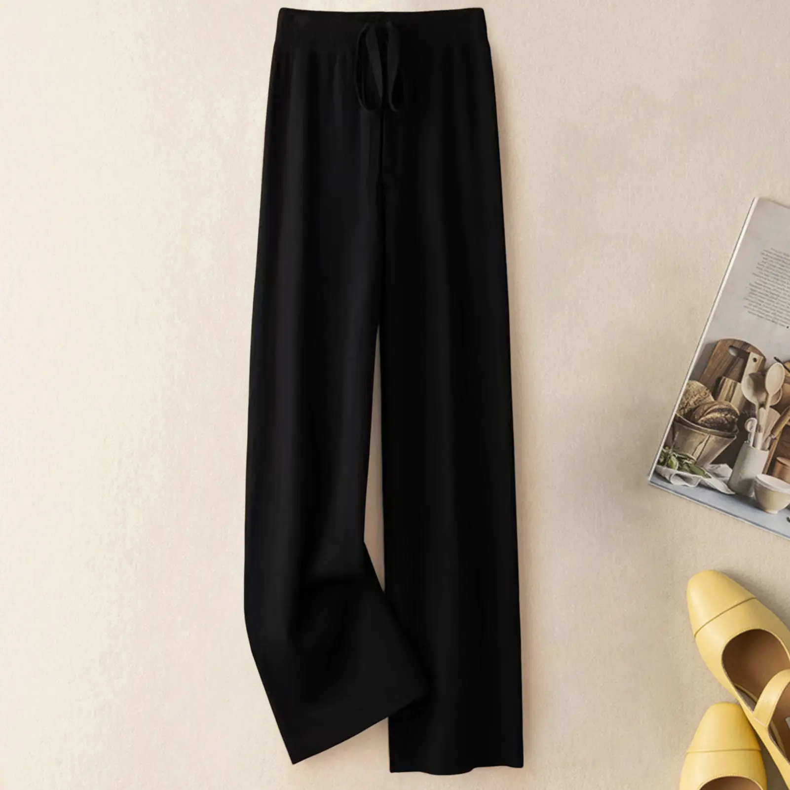 2025 Drape High Waist Wide Leg Pants For Women Autumn Winter Casual Loose Knit Straight Leg Pants Lace-up Women Solid Trousers