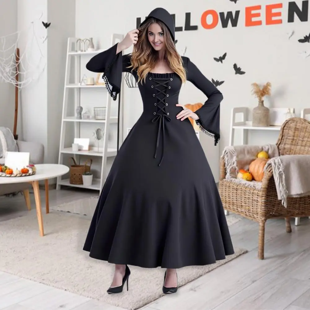Medieval Cosplay Renaissance Witch Costumes Hooded Robe Lace Up Pullover Long Hoodie Dress Cloak Halloween Party