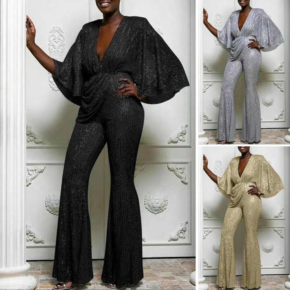 Women's Sequins Jumpsuit Deep V-neck Three-Quarter Sleeves High Waist Wide Leg Oe-piece Suit Summer Casual Jumpsuits