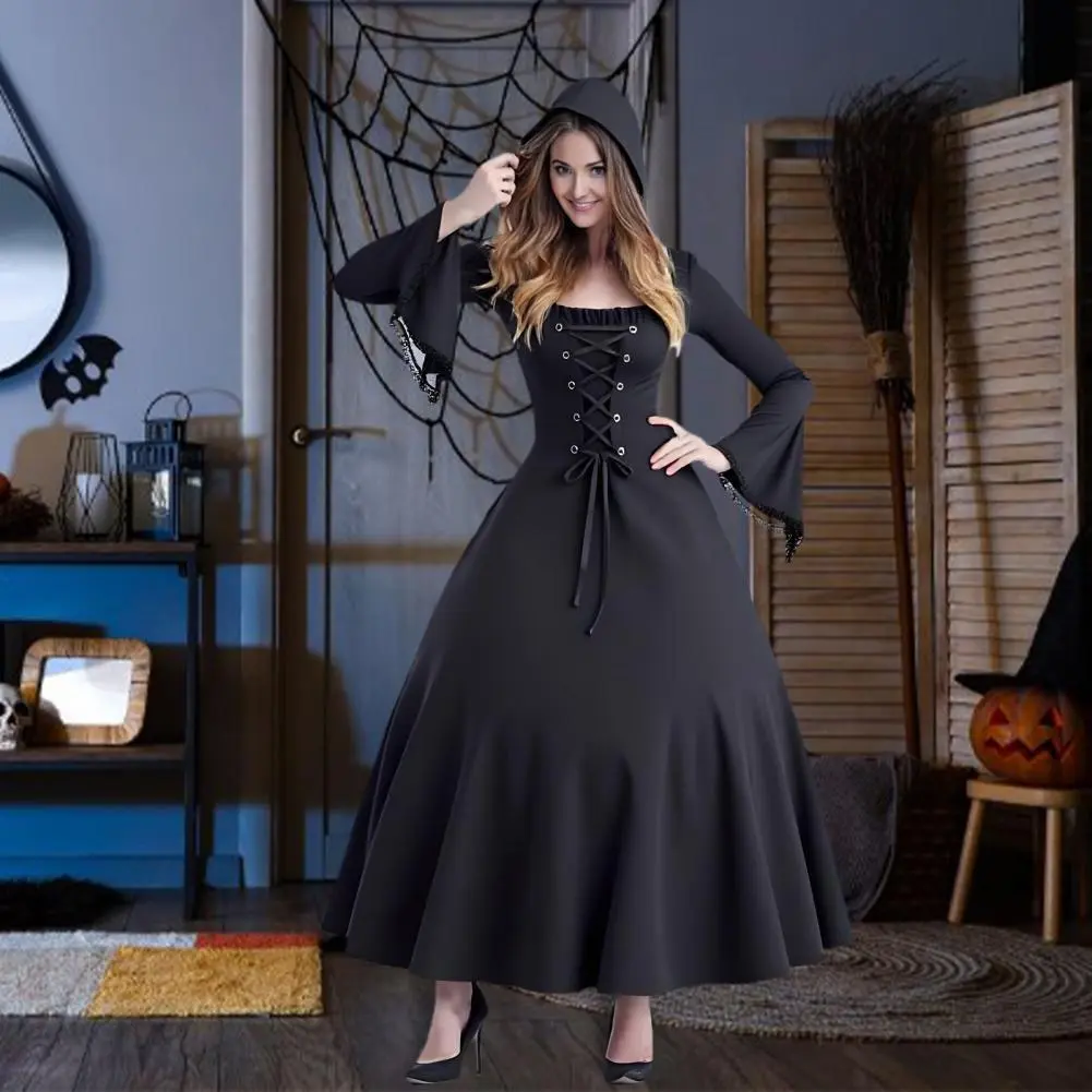 Medieval Cosplay Renaissance Witch Costumes Hooded Robe Lace Up Pullover Long Hoodie Dress Cloak Halloween Party