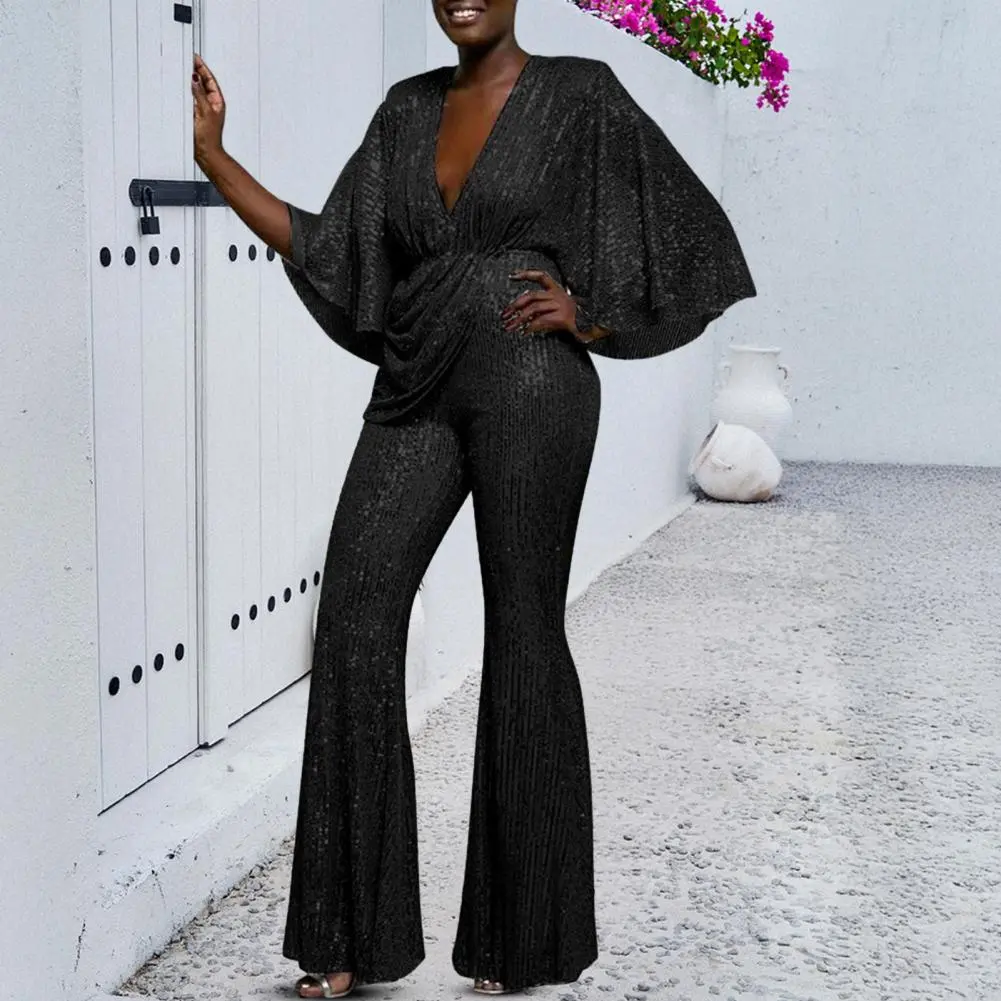 Women's Sequins Jumpsuit Deep V-neck Three-Quarter Sleeves High Waist Wide Leg Oe-piece Suit Summer Casual Jumpsuits