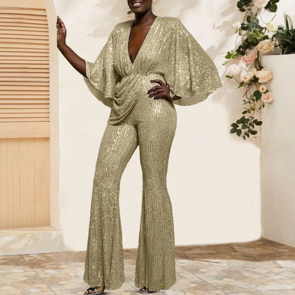 Women's Sequins Jumpsuit Deep V-neck Three-Quarter Sleeves High Waist Wide Leg Oe-piece Suit Summer Casual Jumpsuits