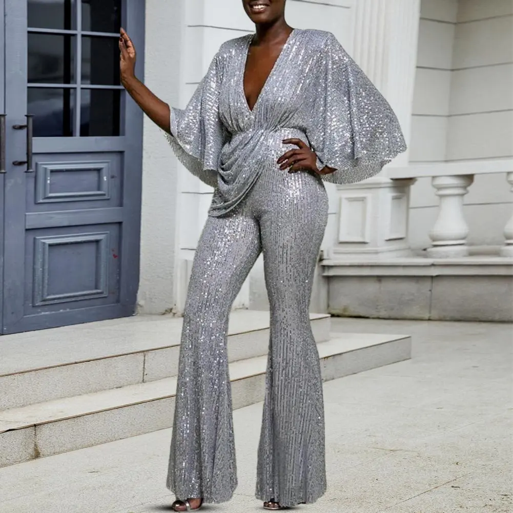Women's Sequins Jumpsuit Deep V-neck Three-Quarter Sleeves High Waist Wide Leg Oe-piece Suit Summer Casual Jumpsuits
