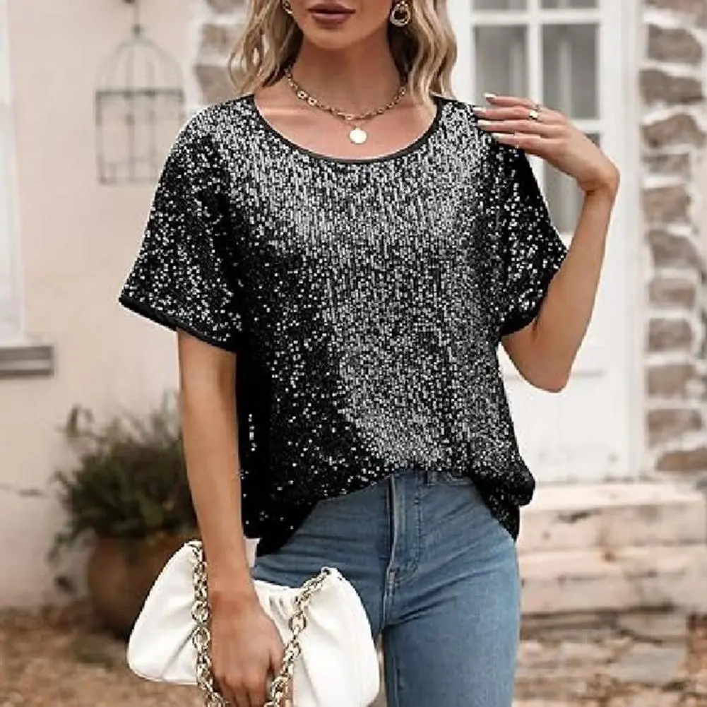 Spring and Summer Sequins Women's Short Sleeve Satin Shirt Loose Casual Round Neck Colored Ding T-shirt Women