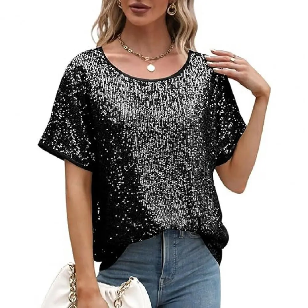 Spring and Summer Sequins Women's Short Sleeve Satin Shirt Loose Casual Round Neck Colored Ding T-shirt Women