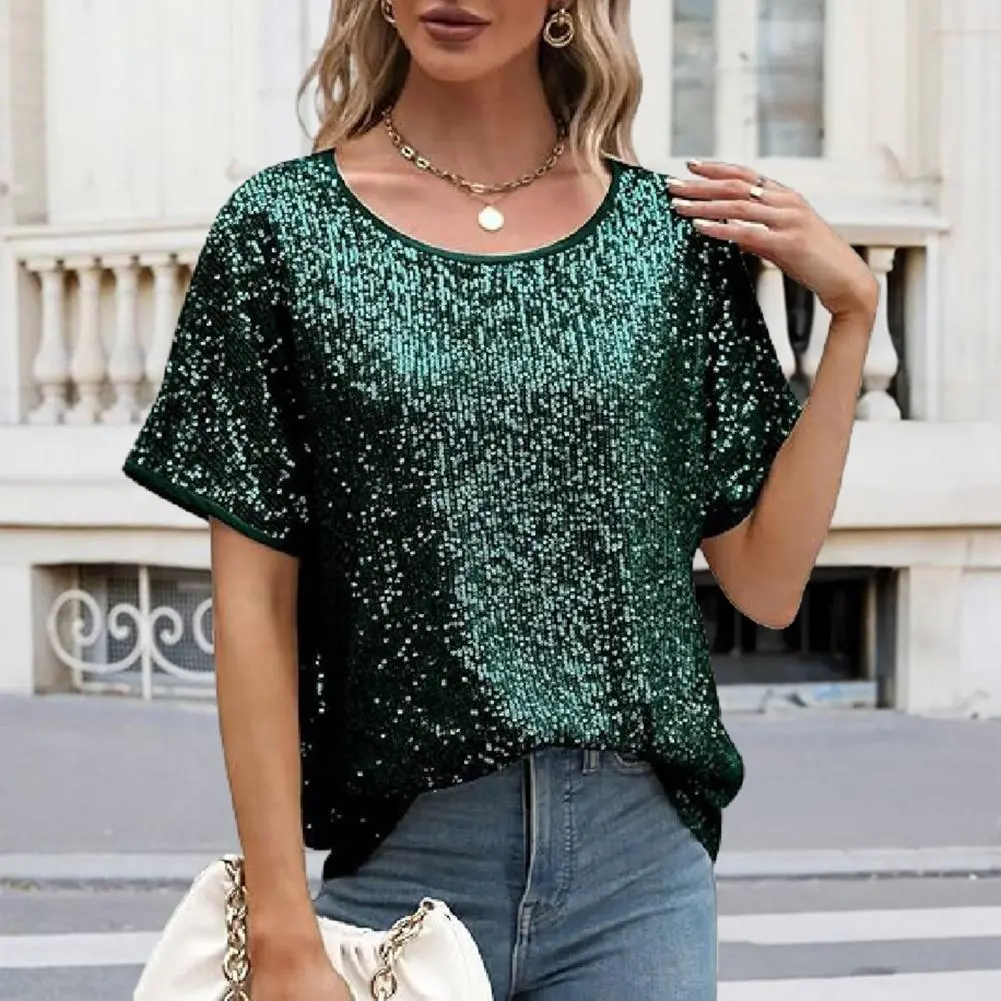 Spring and Summer Sequins Women's Short Sleeve Satin Shirt Loose Casual Round Neck Colored Ding T-shirt Women