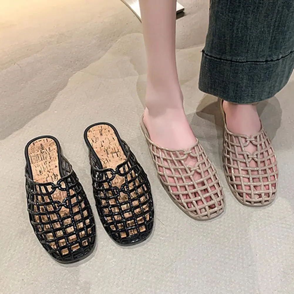 Mesh Woven Shoes Hollow Round Toe Beach Shoes Comfy Plastic Transparent Sandals Women Summer New Weave Flat Sandals Shoes