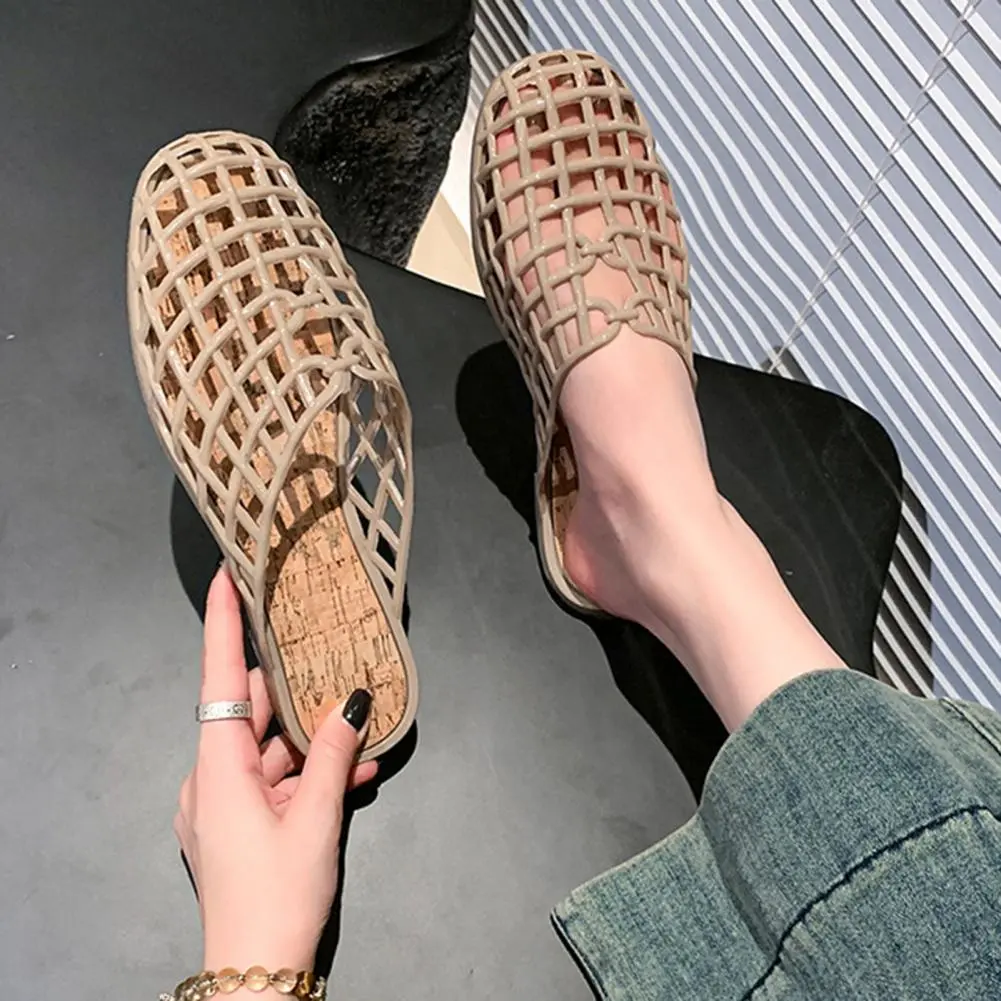 Mesh Woven Shoes Hollow Round Toe Beach Shoes Comfy Plastic Transparent Sandals Women Summer New Weave Flat Sandals Shoes