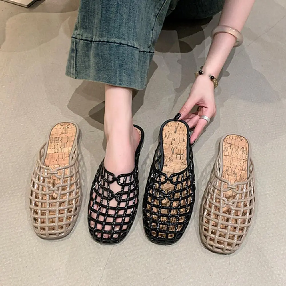 Mesh Woven Shoes Hollow Round Toe Beach Shoes Comfy Plastic Transparent Sandals Women Summer New Weave Flat Sandals Shoes