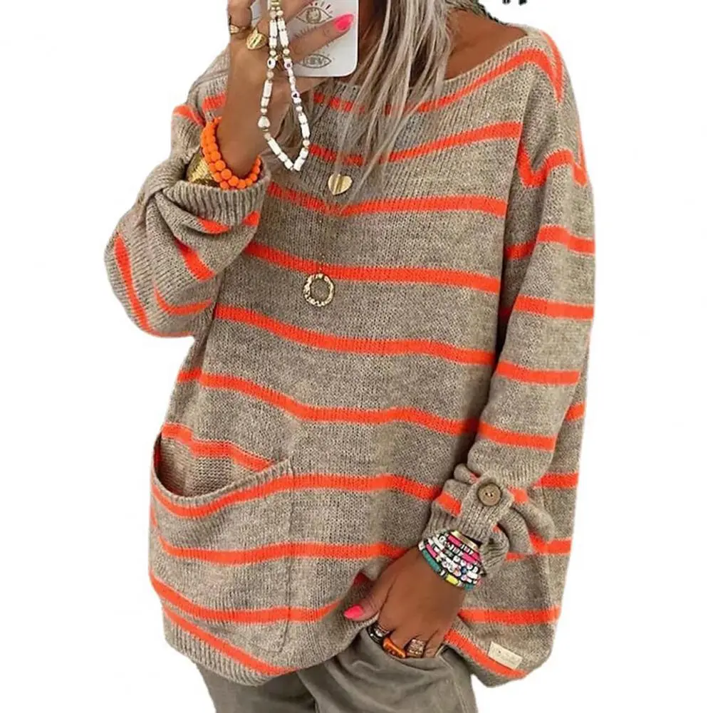 Trendy Skin-Touch Ribbed Hem Soft Women Striped Patchwork Pattern Loose Sweater Jumper Striped Sweater Cold Resistant