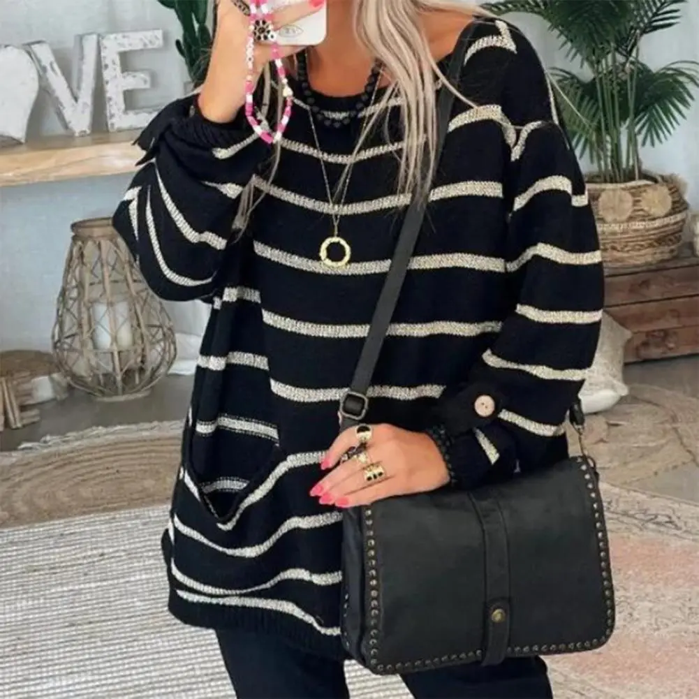 Trendy Skin-Touch Ribbed Hem Soft Women Striped Patchwork Pattern Loose Sweater Jumper Striped Sweater Cold Resistant