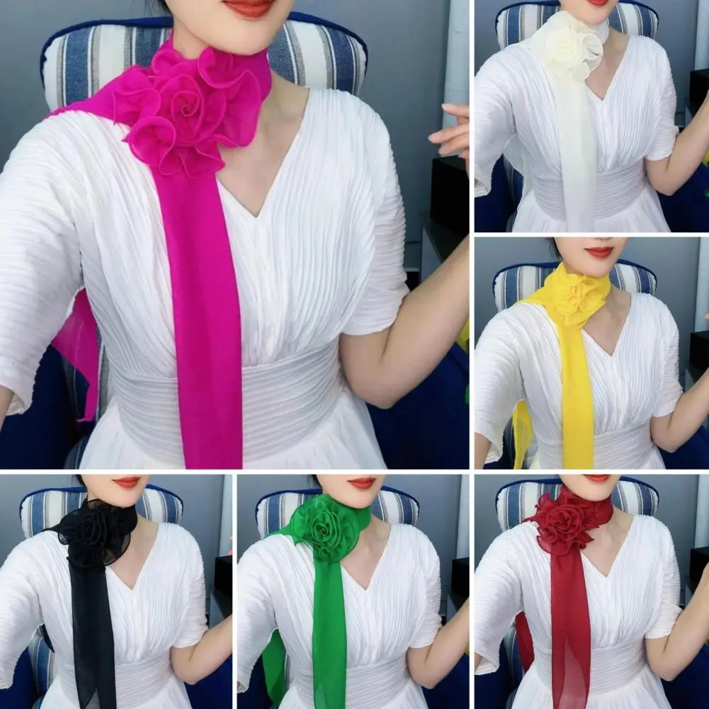Free Ship Elegant Rose Flower Long Satin Scarf Soft Pure Color Chiffon Neckerchief Collar Decoration Kerchief Chiffon Scarves
