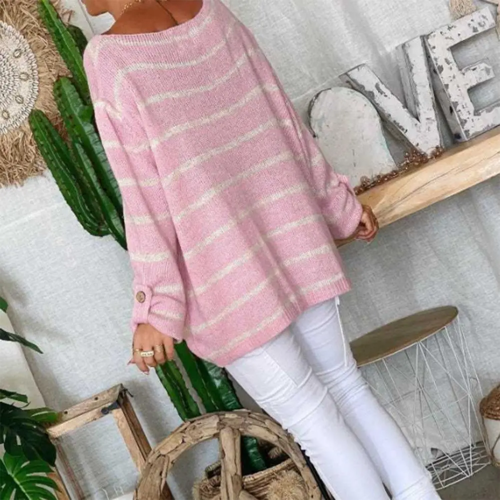 Trendy Skin-Touch Ribbed Hem Soft Women Striped Patchwork Pattern Loose Sweater Jumper Striped Sweater Cold Resistant