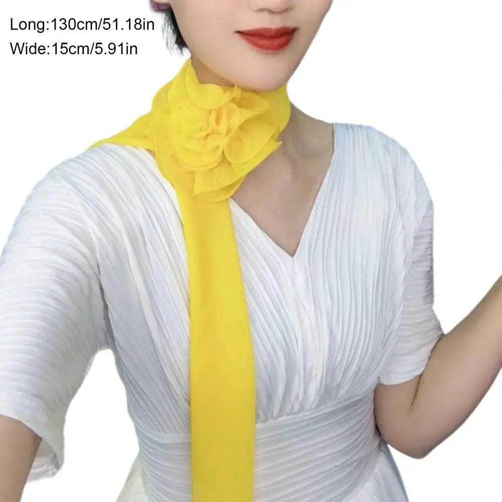 Free Ship Elegant Rose Flower Long Satin Scarf Soft Pure Color Chiffon Neckerchief Collar Decoration Kerchief Chiffon Scarves