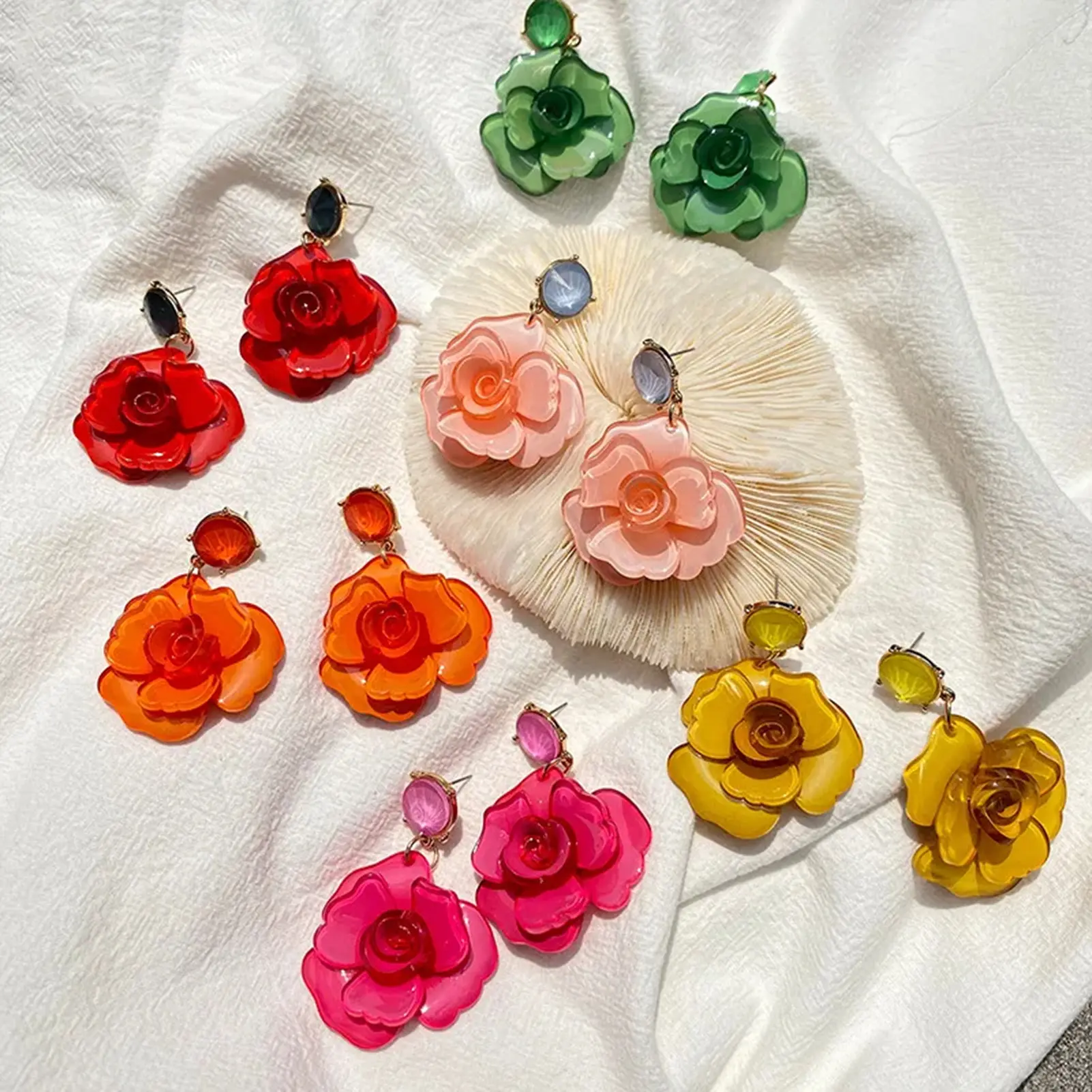 Oval Metal Big Small Petal Acrylic Flower Dangle Earrings For Women Rose Pink Orange Green Colors ﻿