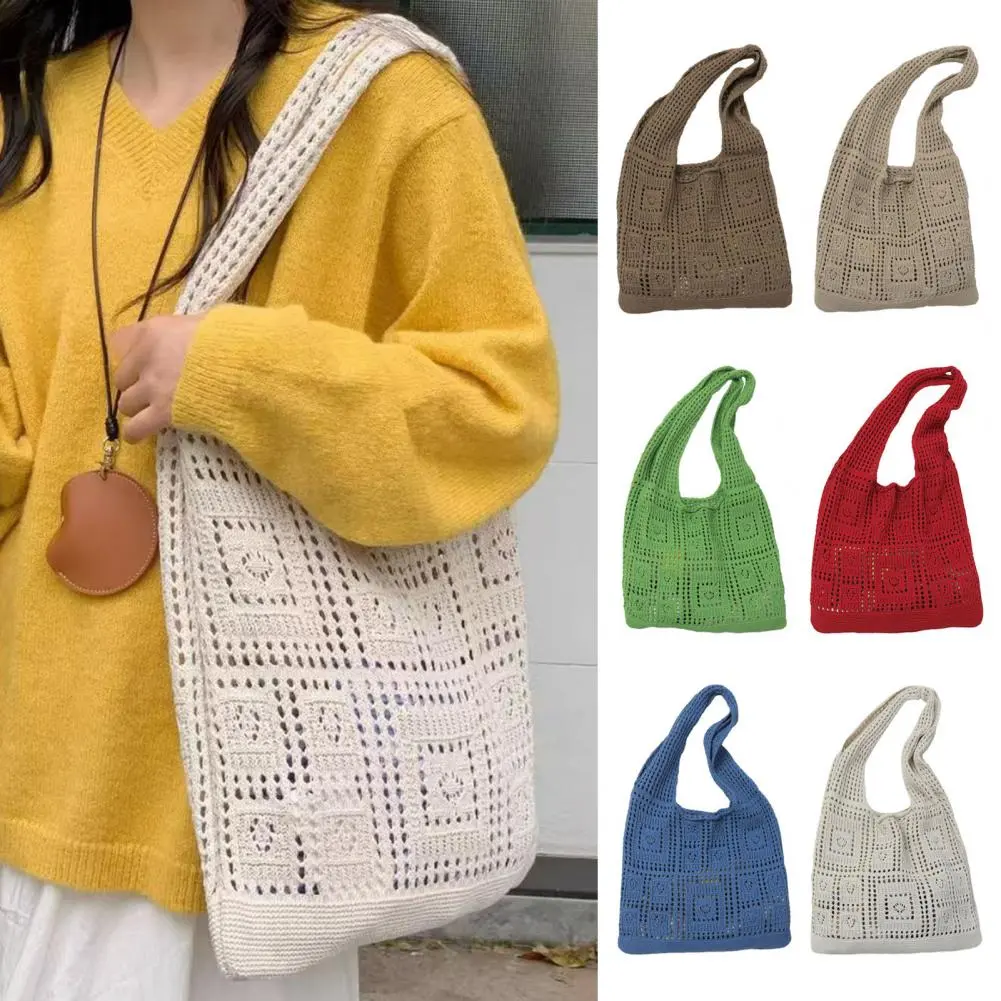 Knitted Shoulder Bag For Women's Leisure Commuting Hollowed Out Large Capacity Woven Handbag