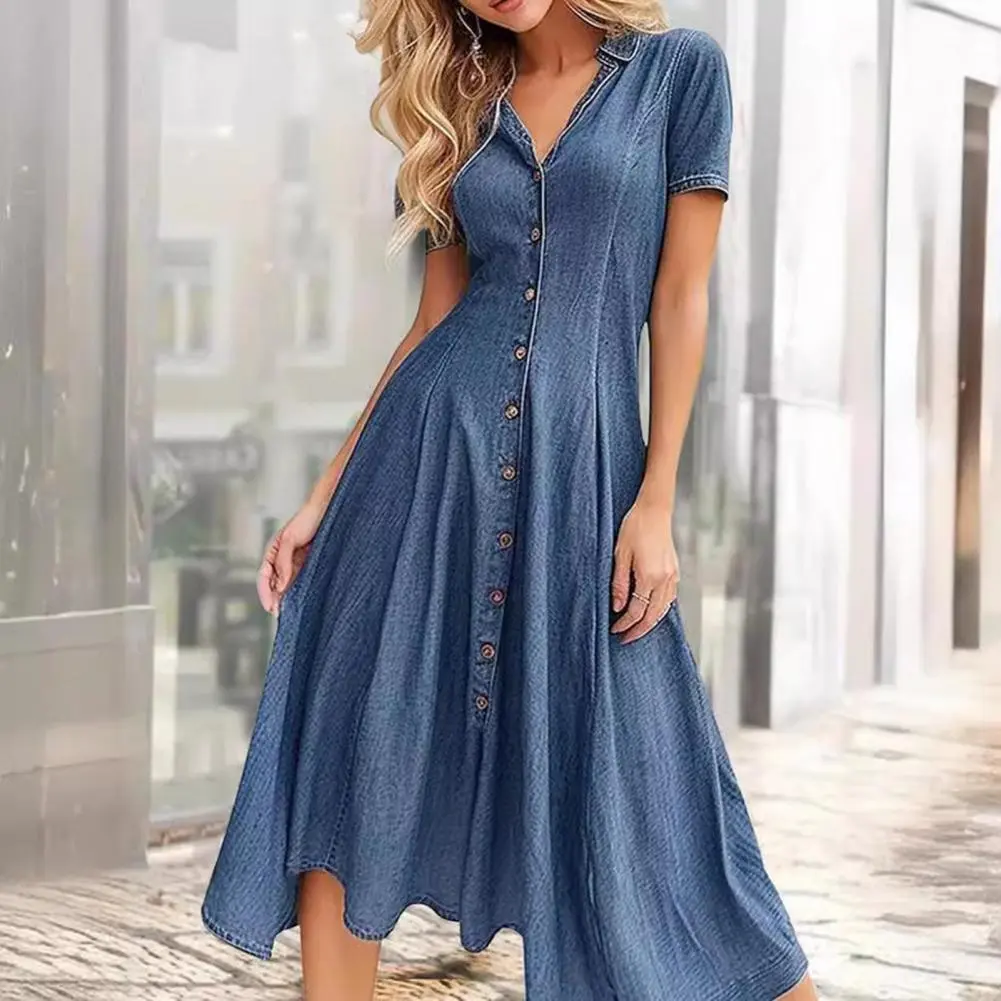 Women's Oversized Denim Shirt Dress Casual Bohemian Maxi Summer A-Line Long Dress Denim Lapel V Neck Pleated Dress
