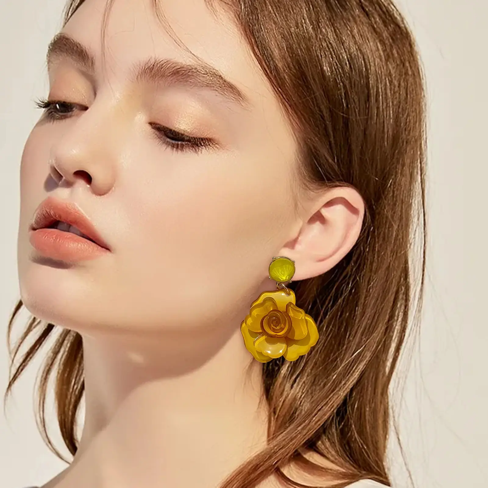 Oval Metal Big Small Petal Acrylic Flower Dangle Earrings For Women Rose Pink Orange Green Colors ﻿