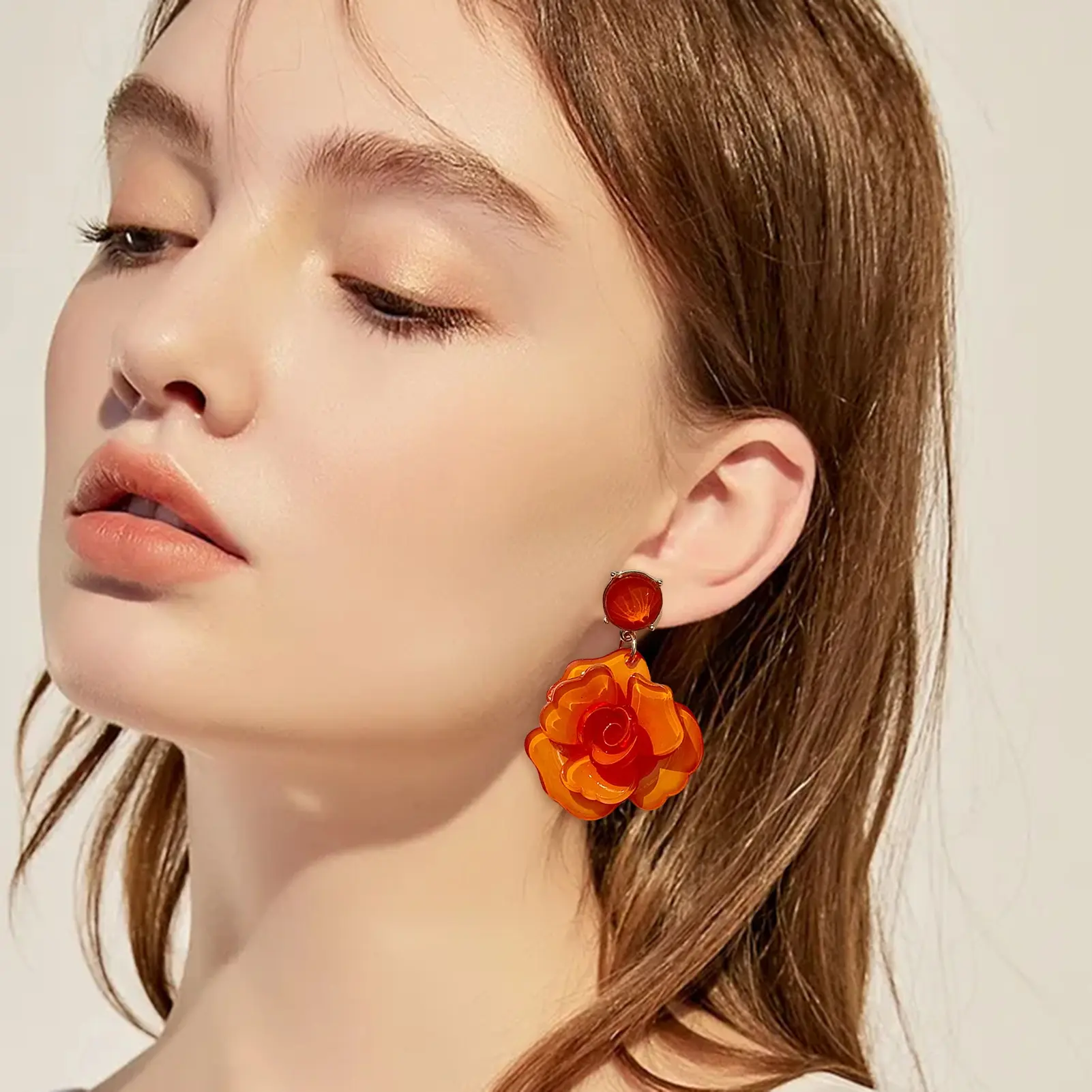 Oval Metal Big Small Petal Acrylic Flower Dangle Earrings For Women Rose Pink Orange Green Colors ﻿