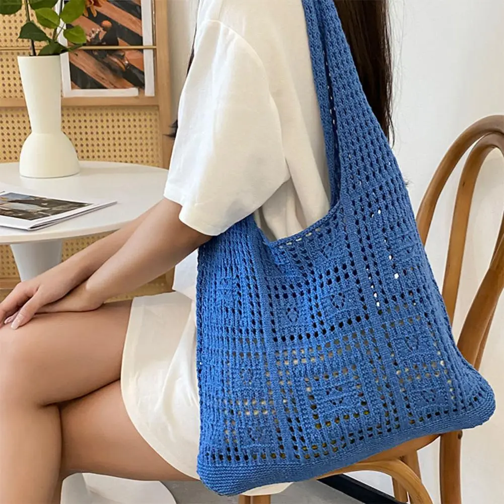 Knitted Shoulder Bag For Women's Leisure Commuting Hollowed Out Large Capacity Woven Handbag
