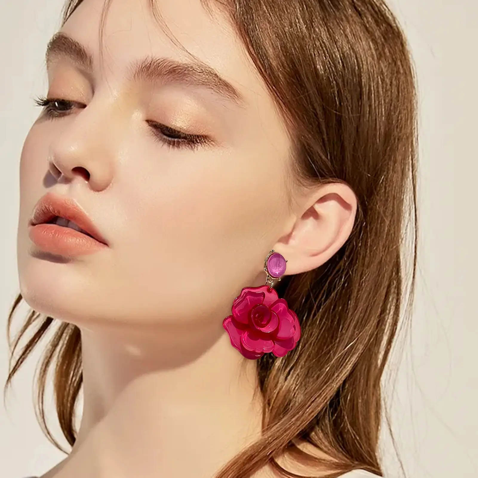 Oval Metal Big Small Petal Acrylic Flower Dangle Earrings For Women Rose Pink Orange Green Colors ﻿