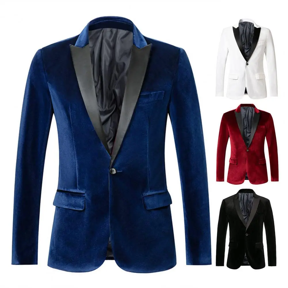 Men Dress Suit Coat Elegant Golden Velvet Suit Coat with Single Button Lapels Long Sleeve Jacket for Business Formal Wear