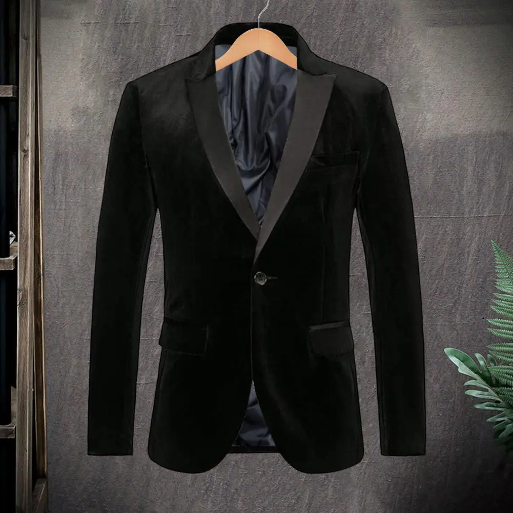 Men Dress Suit Coat Elegant Golden Velvet Suit Coat with Single Button Lapels Long Sleeve Jacket for Business Formal Wear