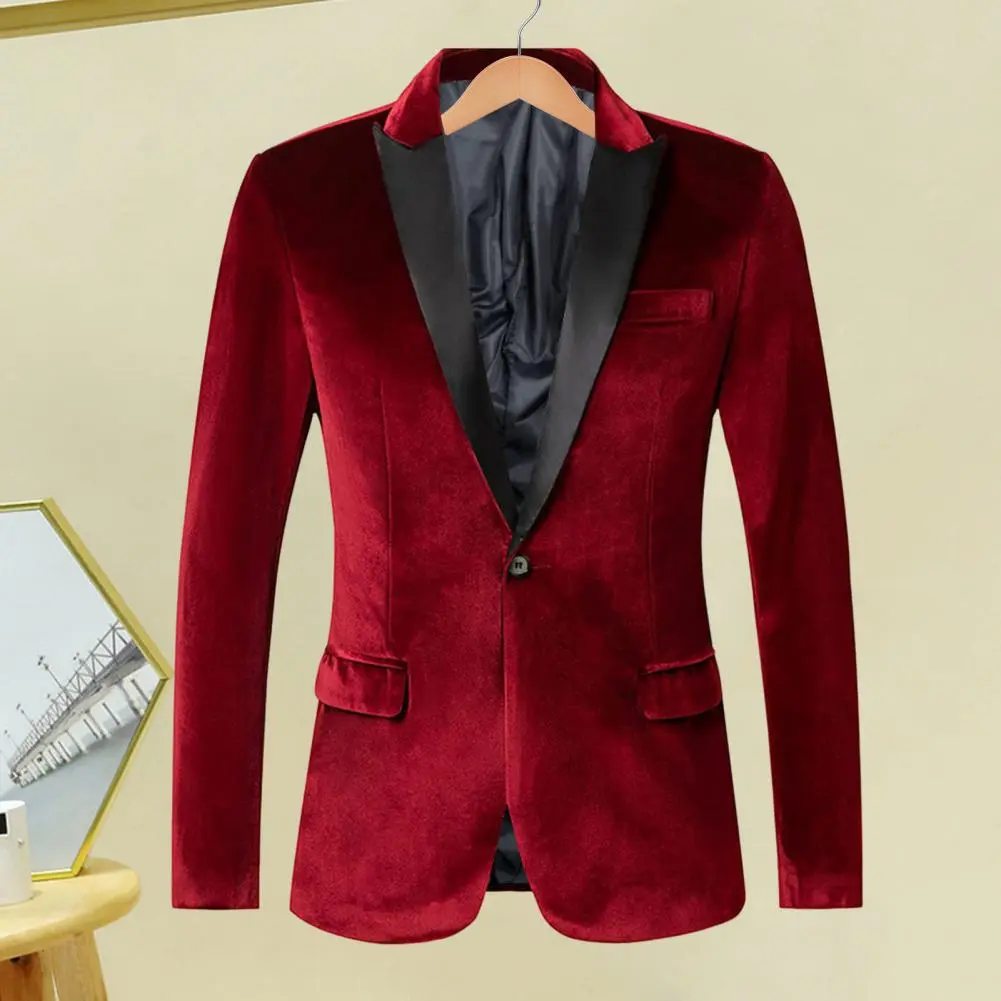 Men Dress Suit Coat Elegant Golden Velvet Suit Coat with Single Button Lapels Long Sleeve Jacket for Business Formal Wear
