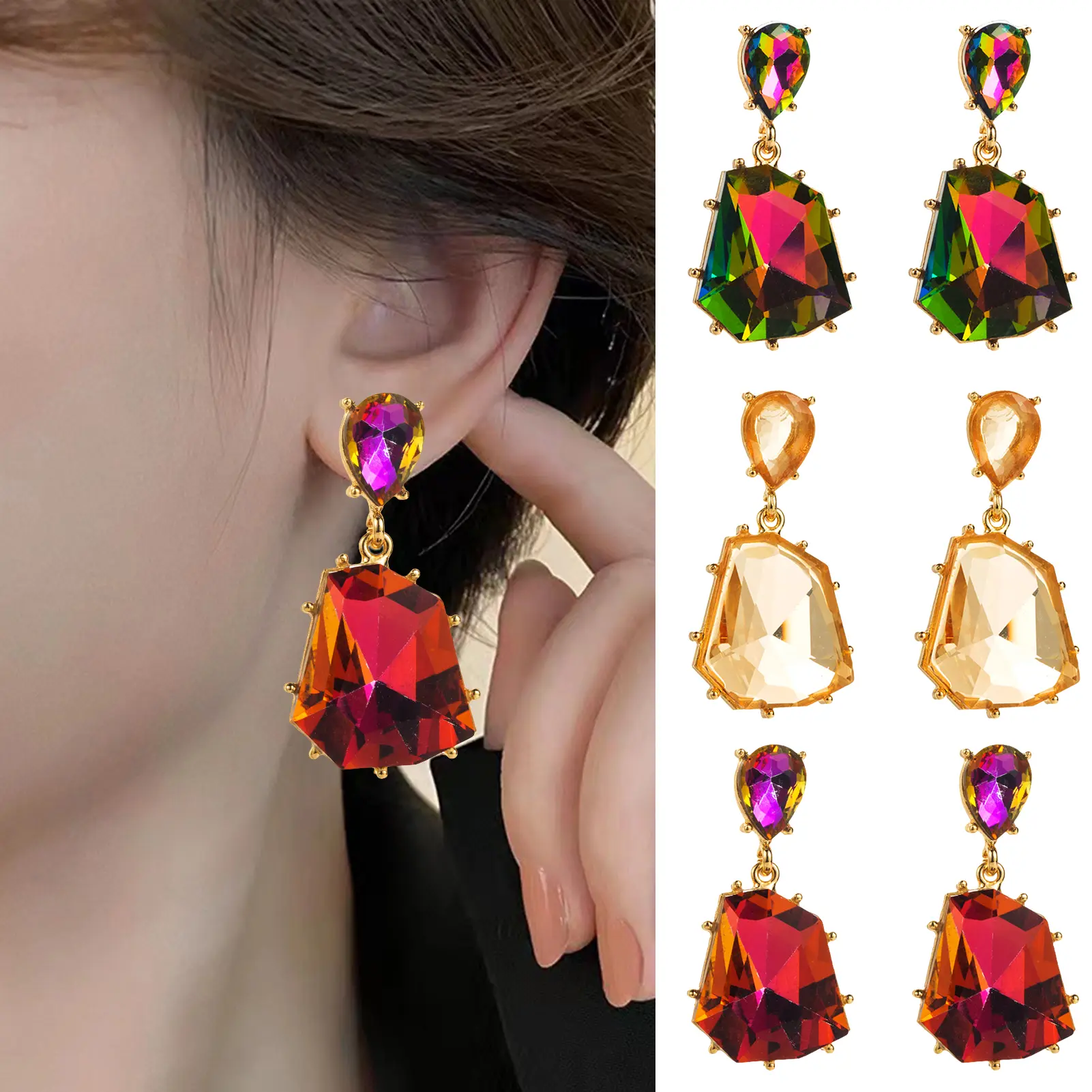Oval Metal Big Small Petal Acrylic Flower Dangle Earrings For Women Rose Pink Orange Green Colors ﻿