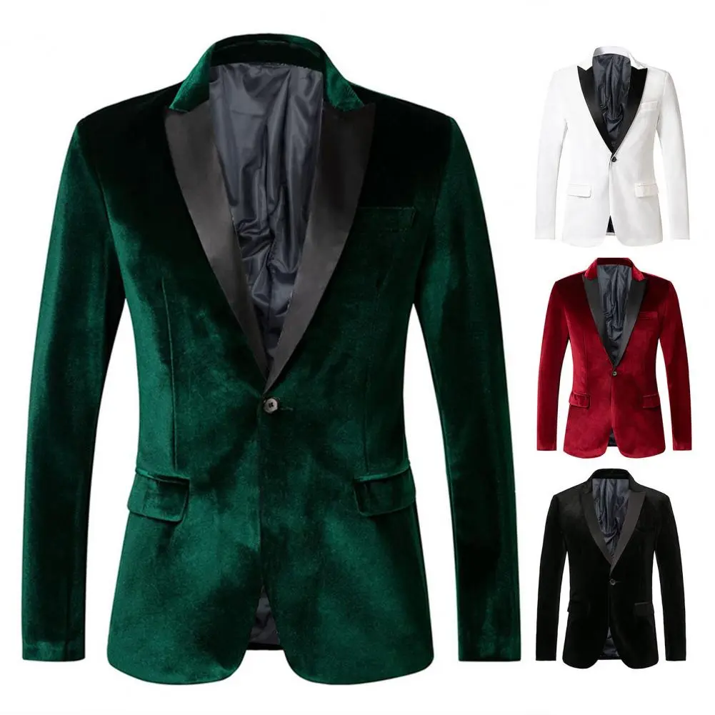Men Dress Suit Coat Elegant Golden Velvet Suit Coat with Single Button Lapels Long Sleeve Jacket for Business Formal Wear