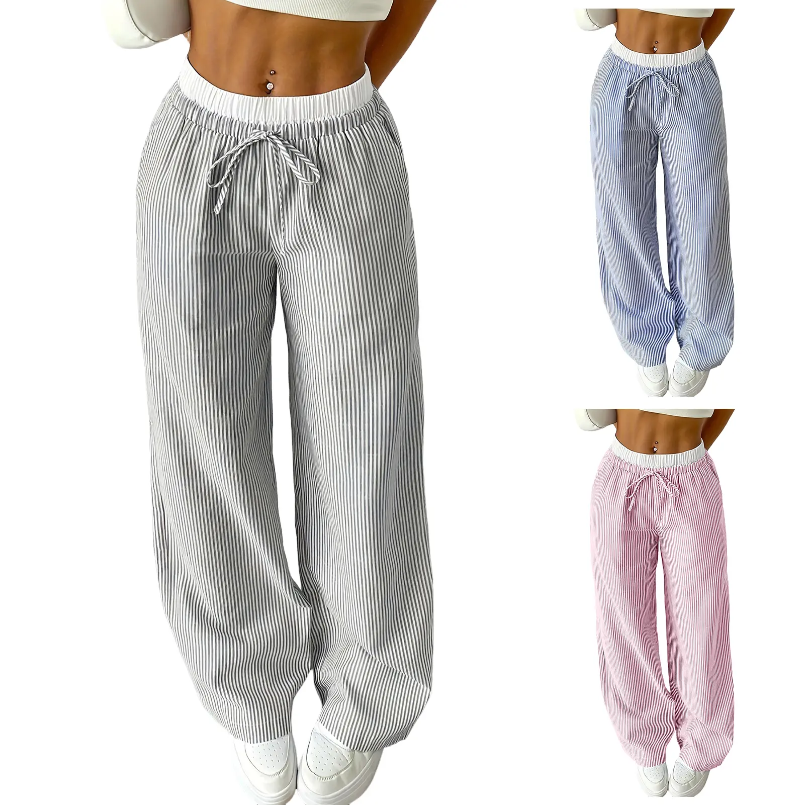 Women s Casual Striped Woven Wide Leg Pants Fall Winter 2024 Casual Stylish Full Length Trousers Clothes Streetwear