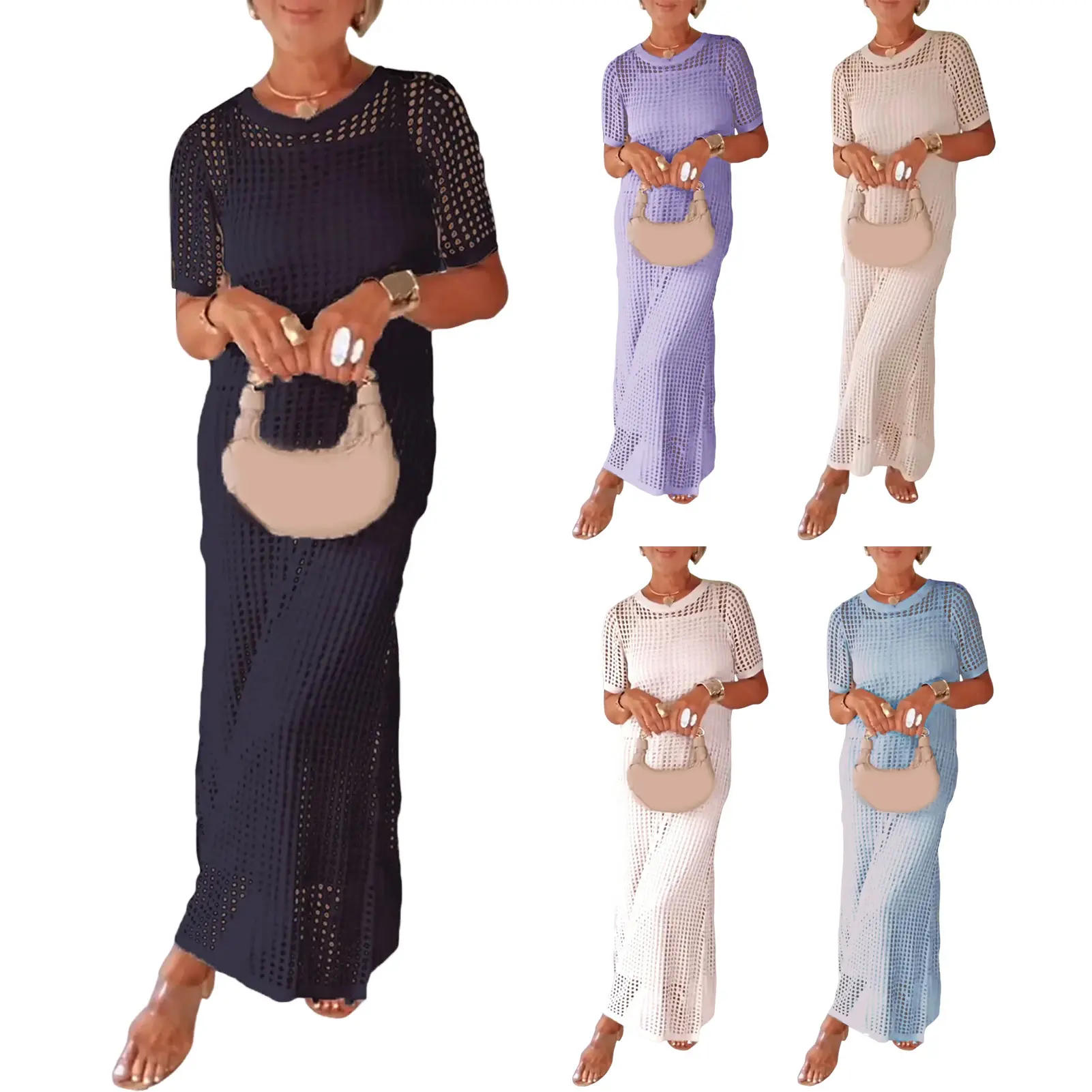 2pcs Set White Elegant Dress and Cover Women Spring Sexy V Neck Hollow Out Party Dress New Boho Loose Long Dress Holiday