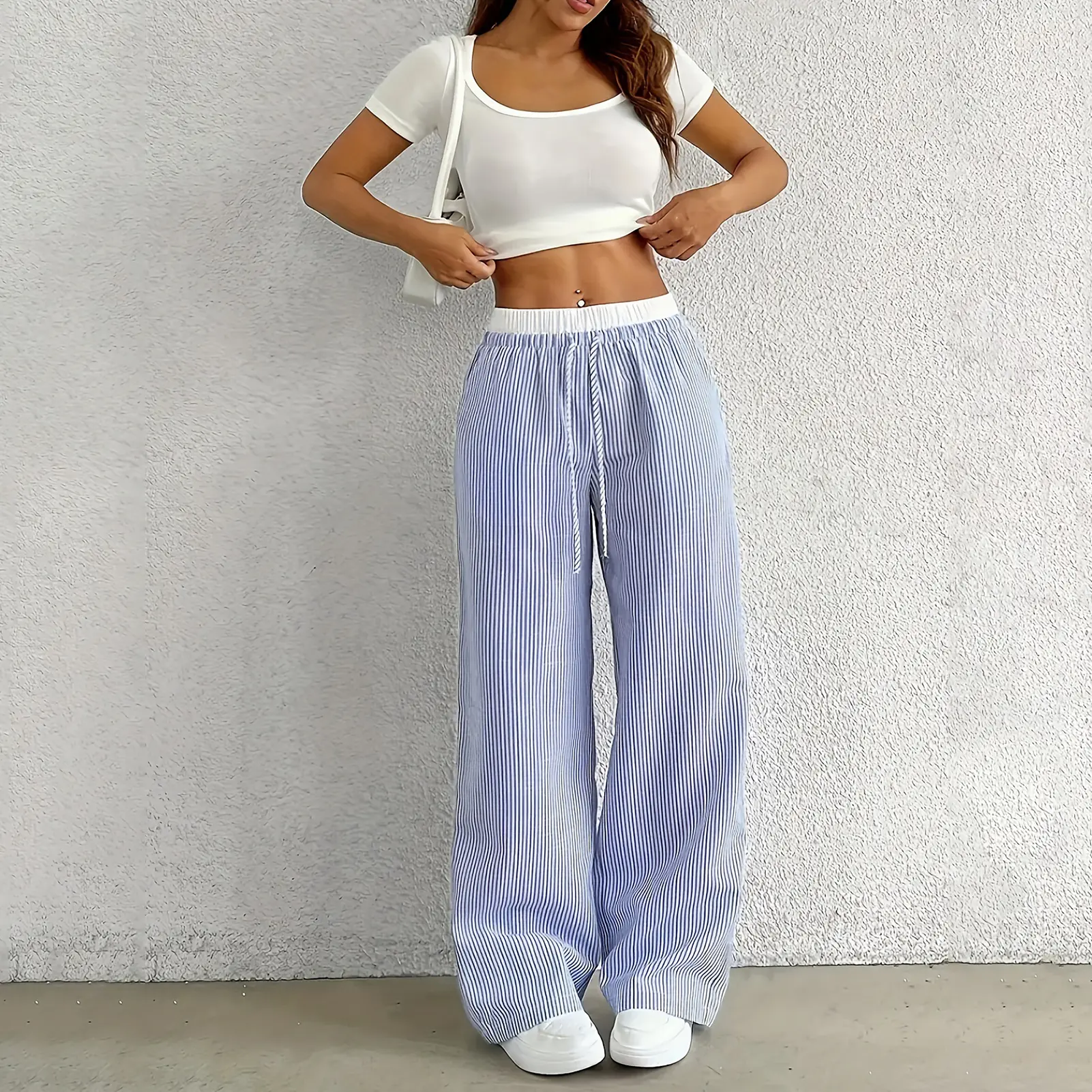 Women s Casual Striped Woven Wide Leg Pants Fall Winter 2024 Casual Stylish Full Length Trousers Clothes Streetwear