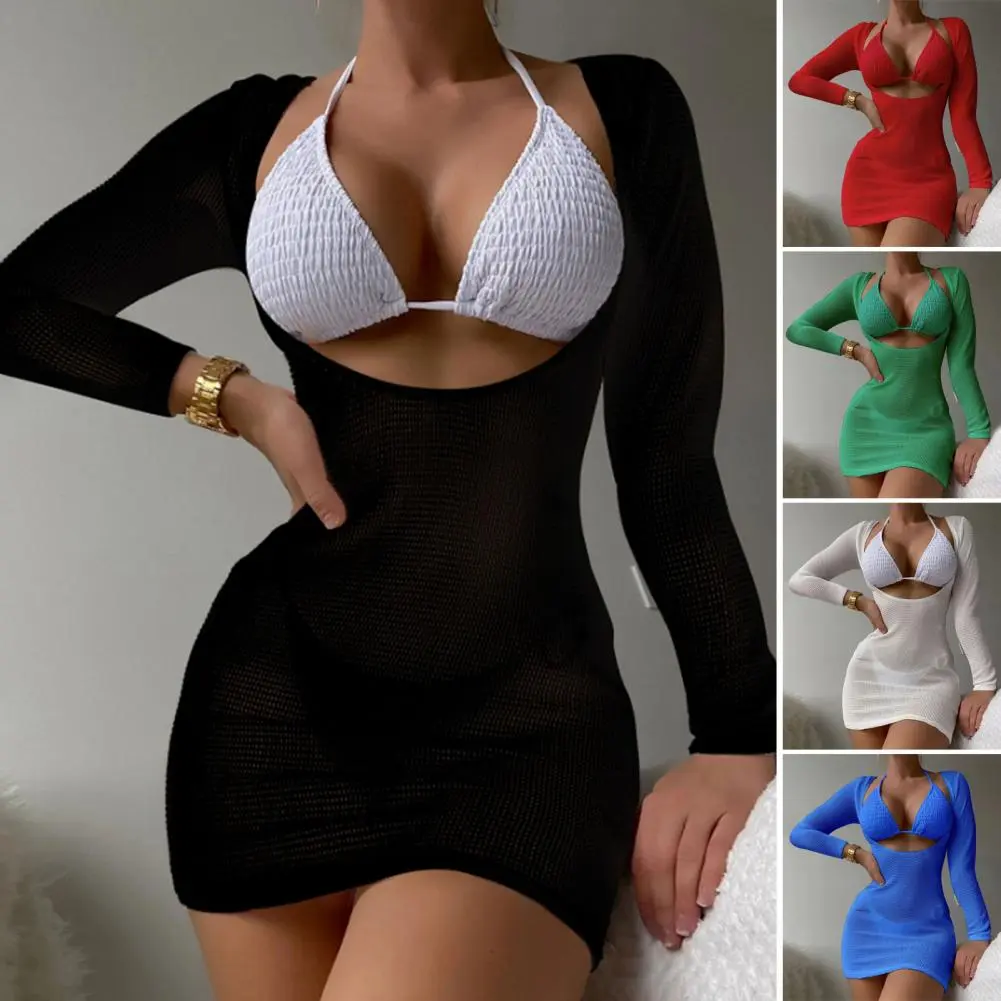3 Pieces Sexy Women Swimsuit Female Swimwear Bandeau Bikini Solid Bikini Set Bathing Suit Beachwear Cover Ups Long Maxi Dress