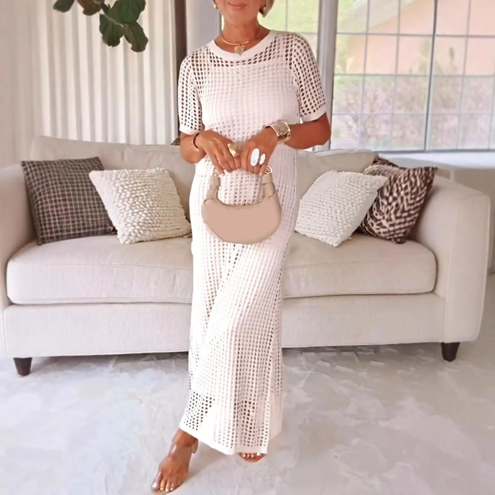 2pcs Set White Elegant Dress and Cover Women Spring Sexy V Neck Hollow Out Party Dress New Boho Loose Long Dress Holiday