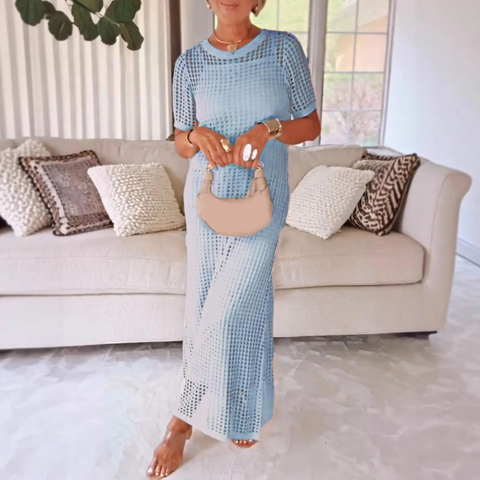 2pcs Set White Elegant Dress and Cover Women Spring Sexy V Neck Hollow Out Party Dress New Boho Loose Long Dress Holiday
