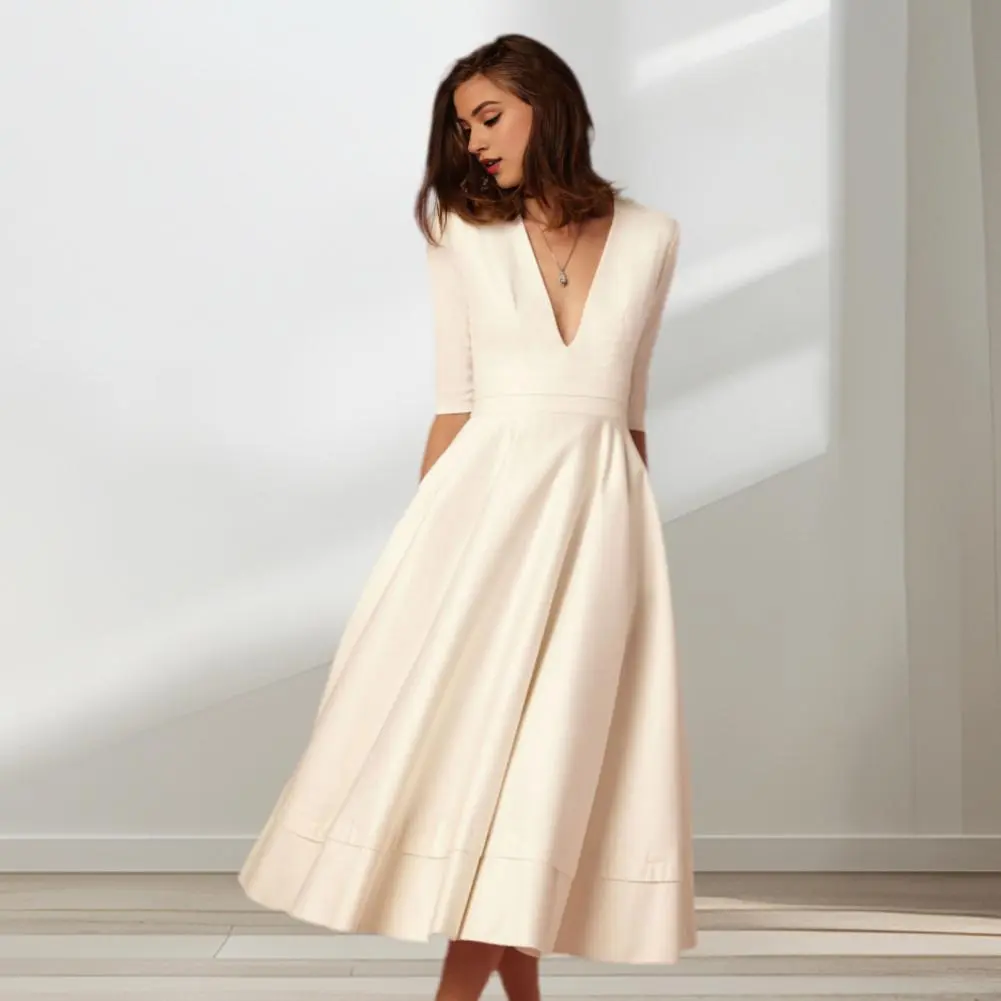 Elegant Office Women's Shirts Dressess Laple Waist Cinching Half Sleeve Pleated Female Robes 2025 Summer Fashion Lady Vestidos